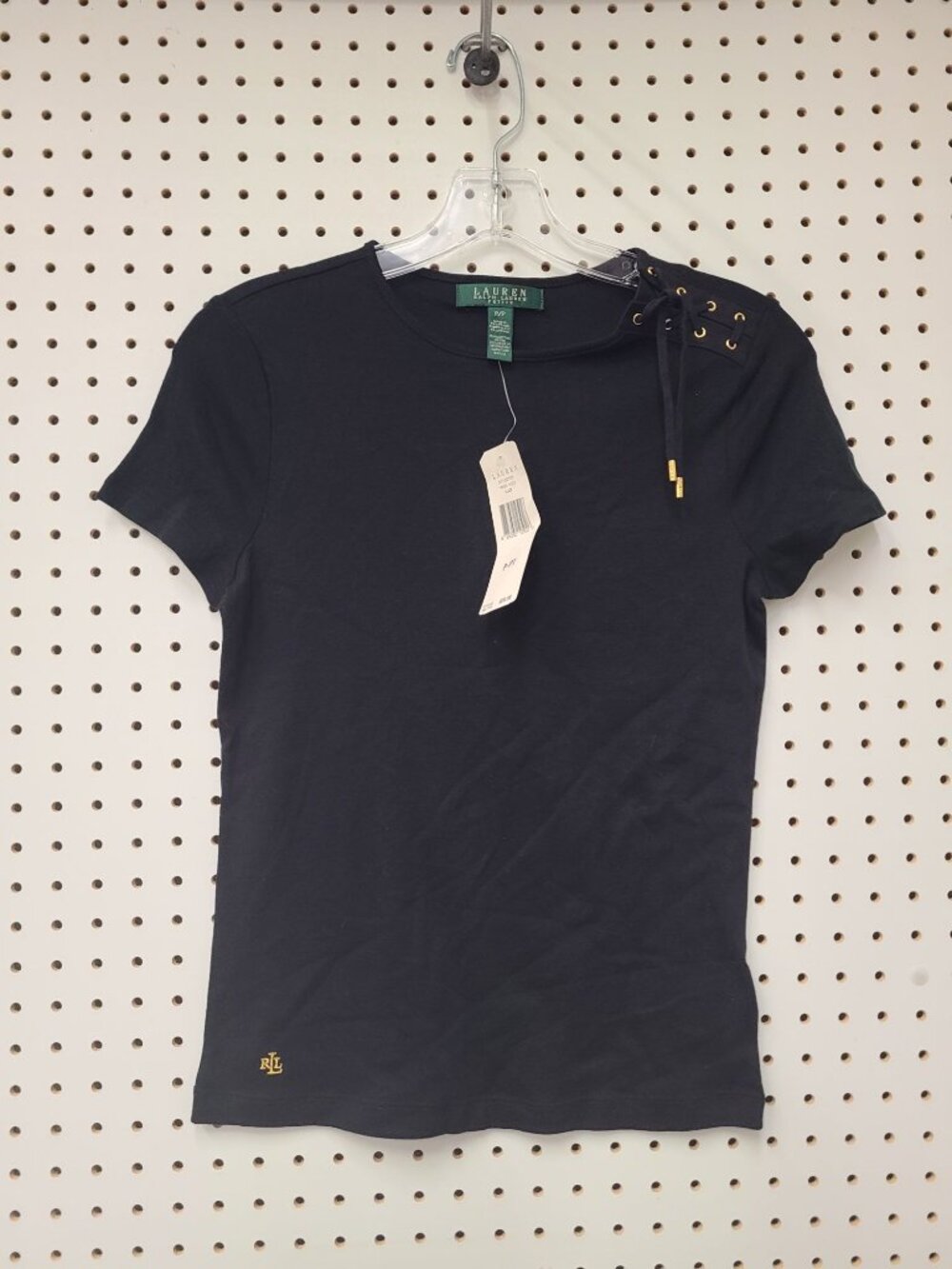 Lauren Ralph Lauren Black Short Sleeve Lace-Up Shoulder Womens T-Shirt P/XS New